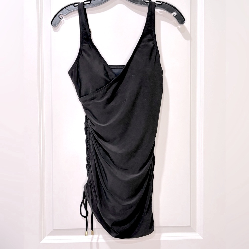 Beyond Control Tummy Slim Solid Essentials Draped V-neck Black Swim Dress Siz…